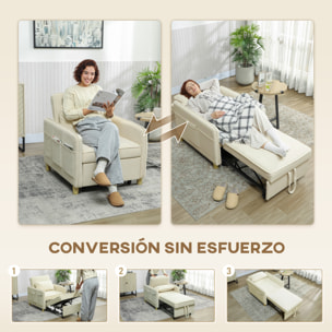 Sofá Cama de 1 Plaza 3 en 1, Sofá Cama Plegable Tapizado en Terciopelo Ecológico con Respaldo Ajustable 3 Niveles, 6 Bolsillos Laterales y Almohada, para Dormitorio, Salón, 74x85,5x82 cm, Beige