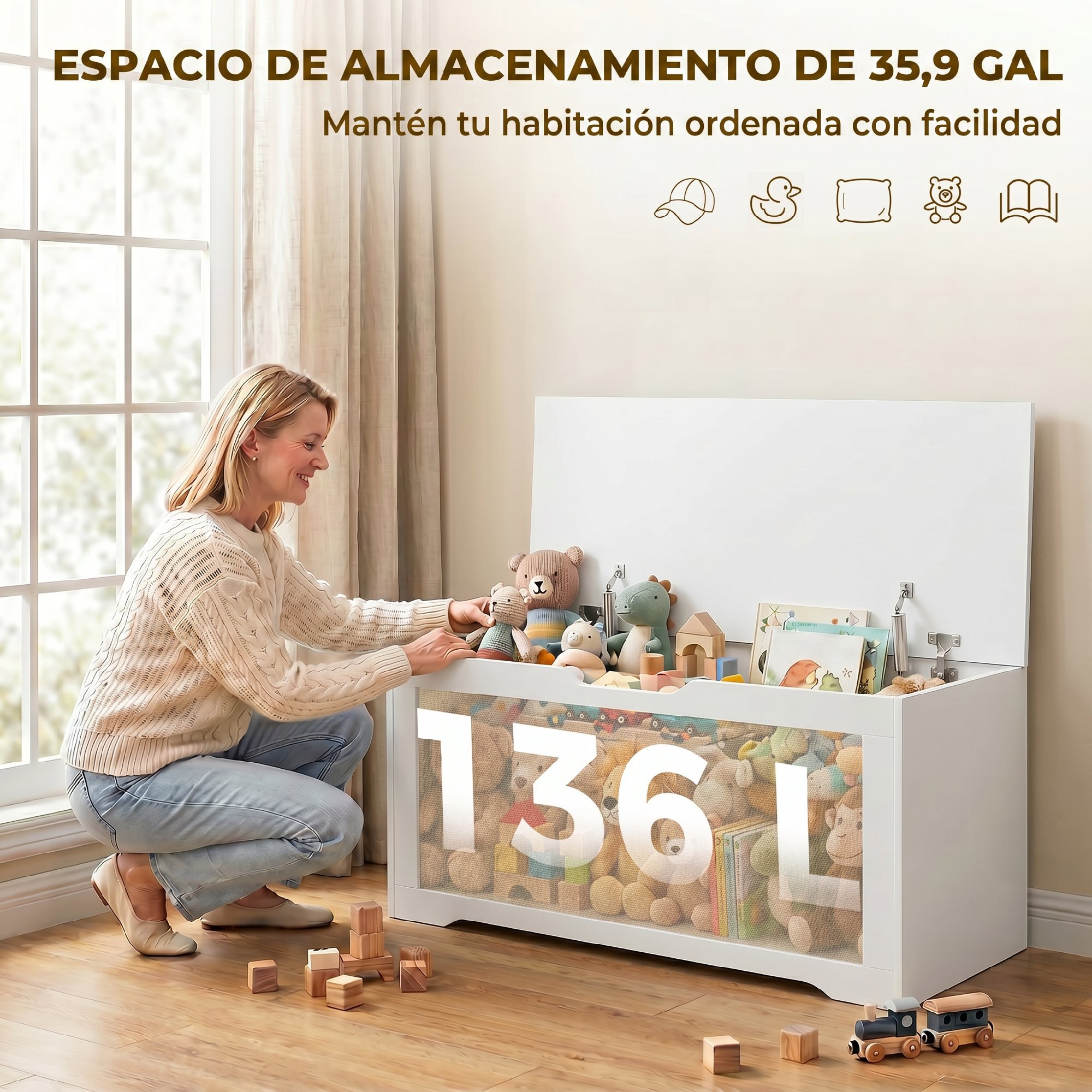Baúl de Almacenaje 136L, Banco de Almacenaje con Panel de Ratán, Tapa Elevable, Brazos de Soporte, Diseño Sin Tiradores, para Recibidor, Pasillo, Dormitorio, Salón, 100x40x45 cm, Blanco