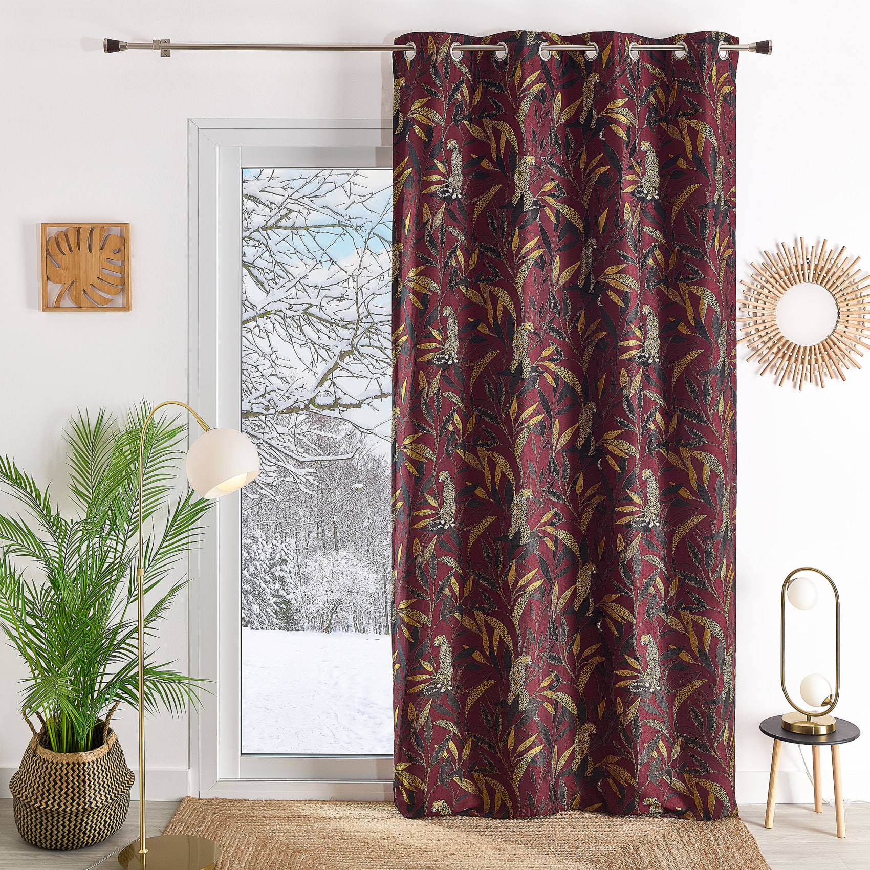Rideau Jacquard motif panthère - Bordeaux