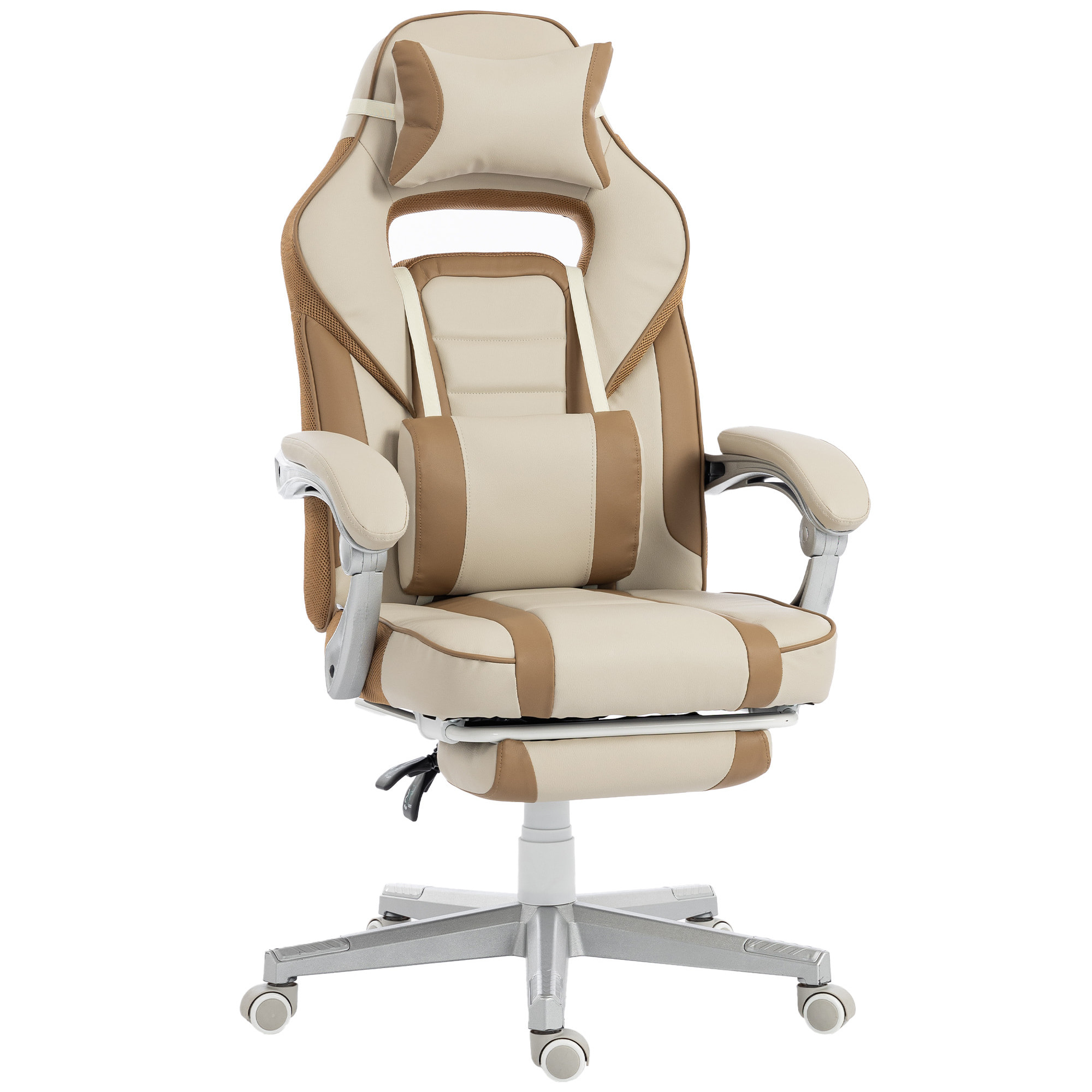 Silla Gaming, Silla Gamer Reclinable, con Altura Ajustable, Reposapiés Retráctil, Soporte Lumbar y Reposacabezas Desmontable, para Oficina, Estudio, Crema