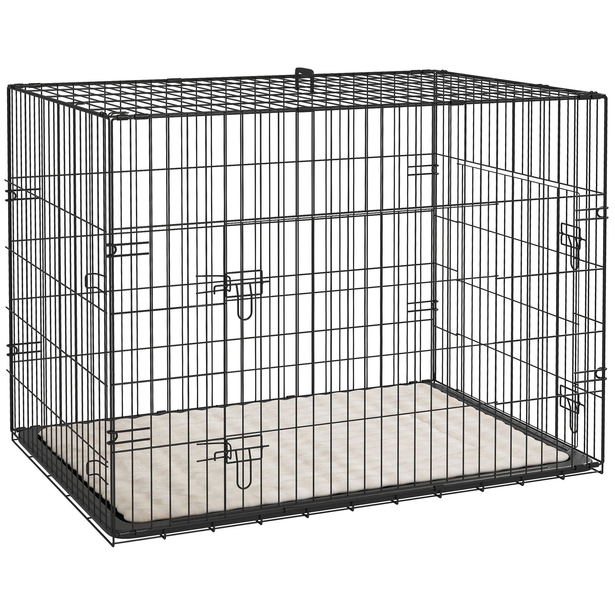 PawHut Jaula para Perros Plegable, Jaula para Perros Grandes con Cojín, 2 Puertas, Bandeja Extraíble y Marco de Alambre Metálico, 90x57,5x62 cm, Negro y Beige