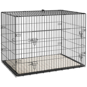 PawHut Jaula para Perros Plegable, Jaula para Perros Grandes con Cojín, 2 Puertas, Bandeja Extraíble y Marco de Alambre Metálico, 90x57,5x62 cm, Negro y Beige