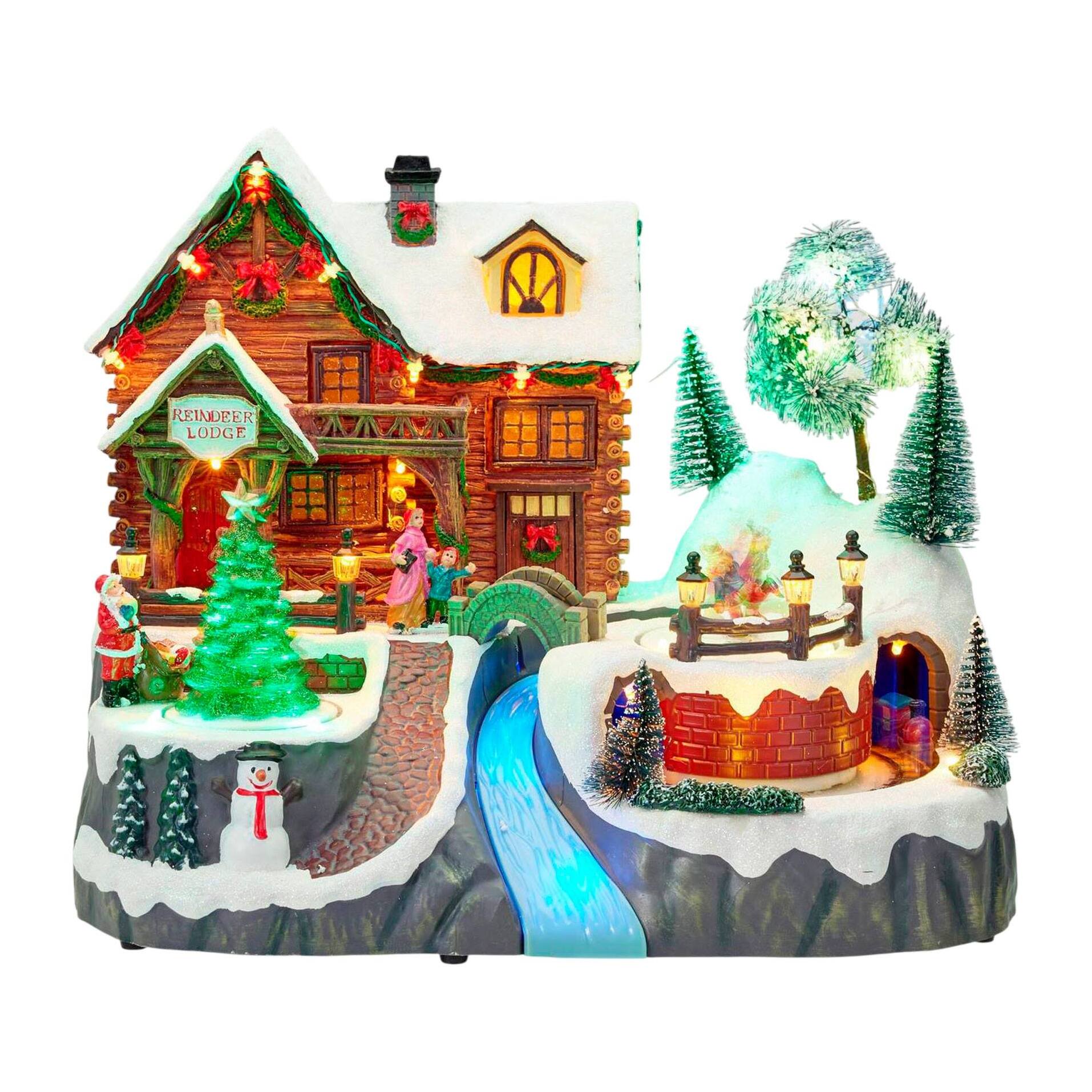 Pueblo navideño con tren, luces led, movimiento y música, usb o pilas 35x24,5x28,5 cm