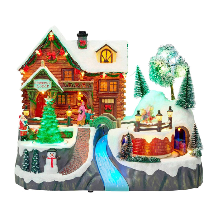 Pueblo navideño con tren, luces led, movimiento y música, usb o pilas 35x24,5x28,5 cm