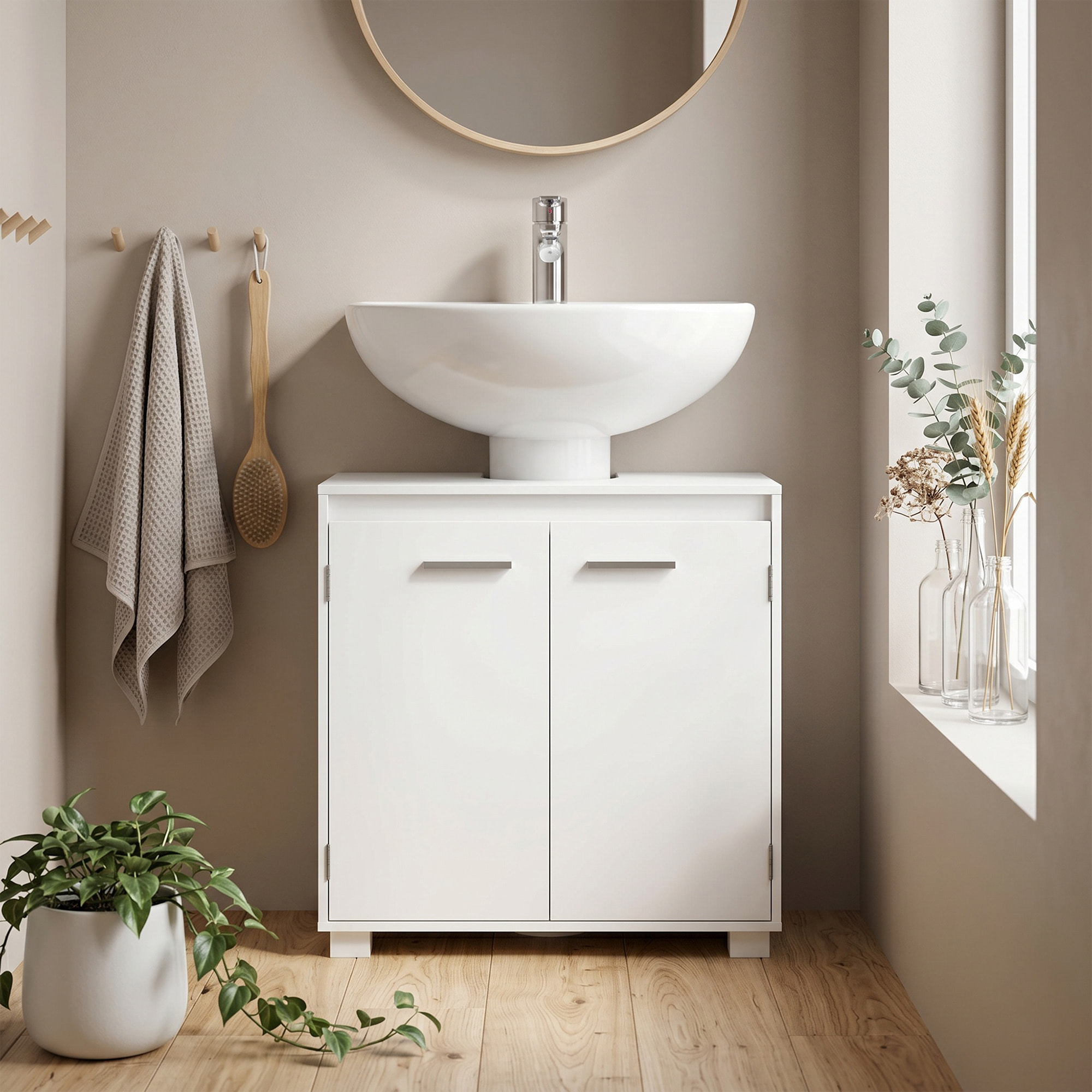 HOMCOM Mueble Bajo Lavabo, Mueble de Baño con Estante Ajustable, 2 Puertas y Recorte en U, Estilo Moderno, para Lavabo con o sin Pedestal, 60x30x60 cm, Blanco