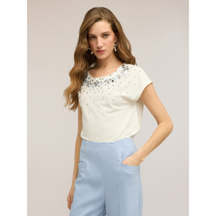Motivi - Camiseta con bordado de lentejuelas - Blanco