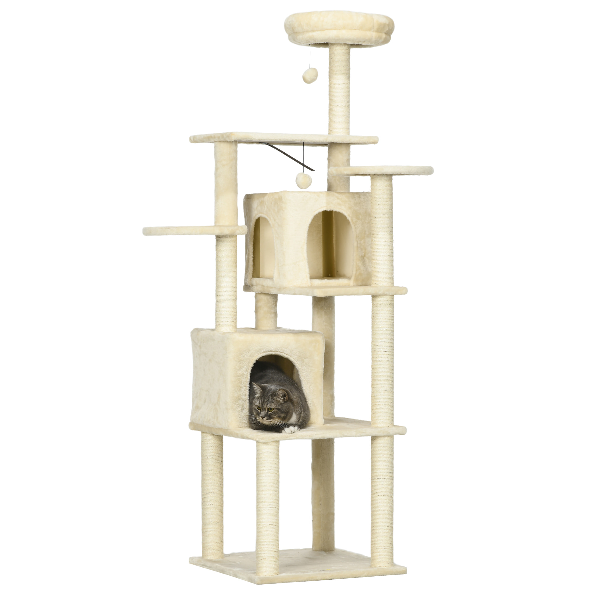 Arbre à chat modulable - griffoirs, 2 niches, 4 plateformes, 2 boules suspendues - peluche douce beige