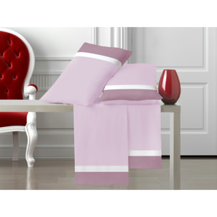 Completo letto doppia balza RASO IPERSAN Puro Cotone Malva/Bianco fondo Rosa