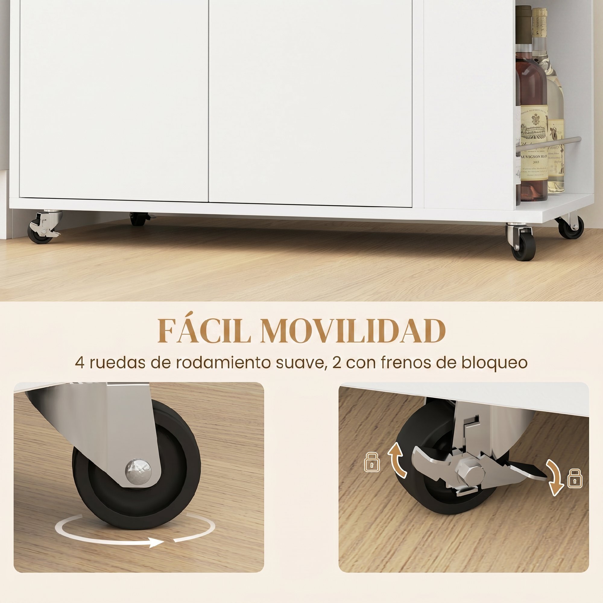 Carrito Auxiliar con Ruedas, Carrito de Cocina con 2 Puertas, Estante Ajustable, Especieros, para Comedor, 75x40x80,5 cm, Blanco