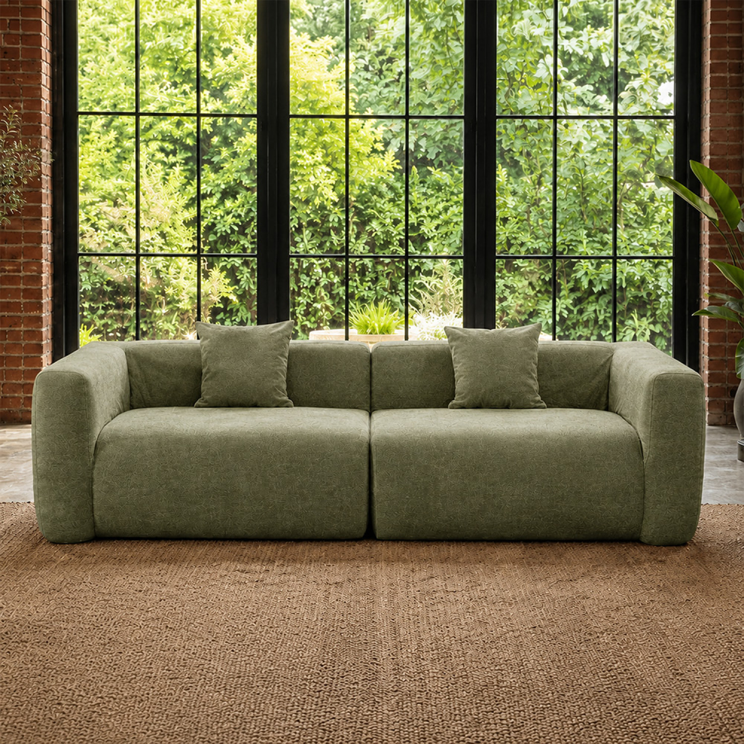 Canapé compressé 4 places en tissu effet laine texturée vert JUMBO