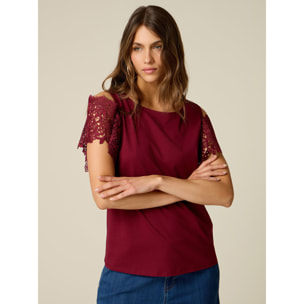 Oltre - T-shirt con maniche in pizzo e cut-out - Bordeaux