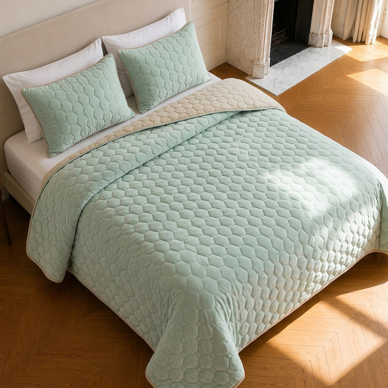 Couvre-lit matelassé réversible 100% polyester bicolore vert givrée - NAZIM