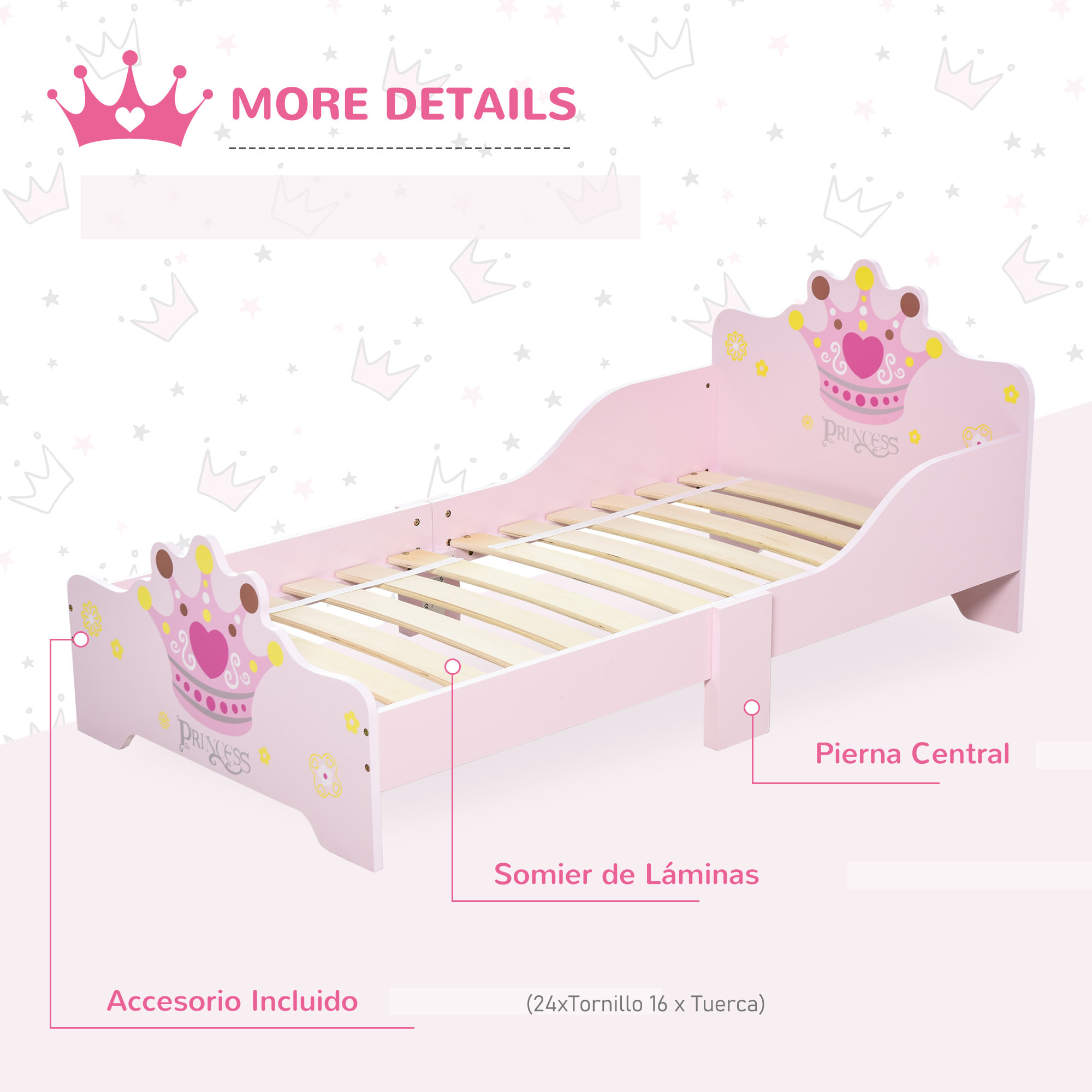 Cama para Niños de +3 Años 143x73x60 cm Cama Infantil de Madera con Estampado de Corona Carga 50 kg para Dormitorio Rosa