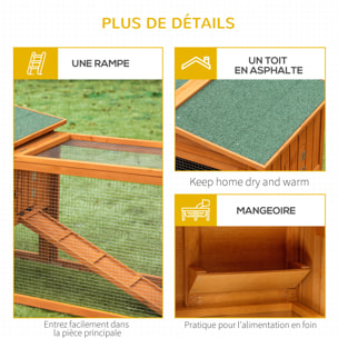 Clapier cage à lapins rongeurs 2 étages tiroir déjection enclos extérieur toit ouvrant dim. 156L x 58l x 68H cm bois sapin pré-huilé