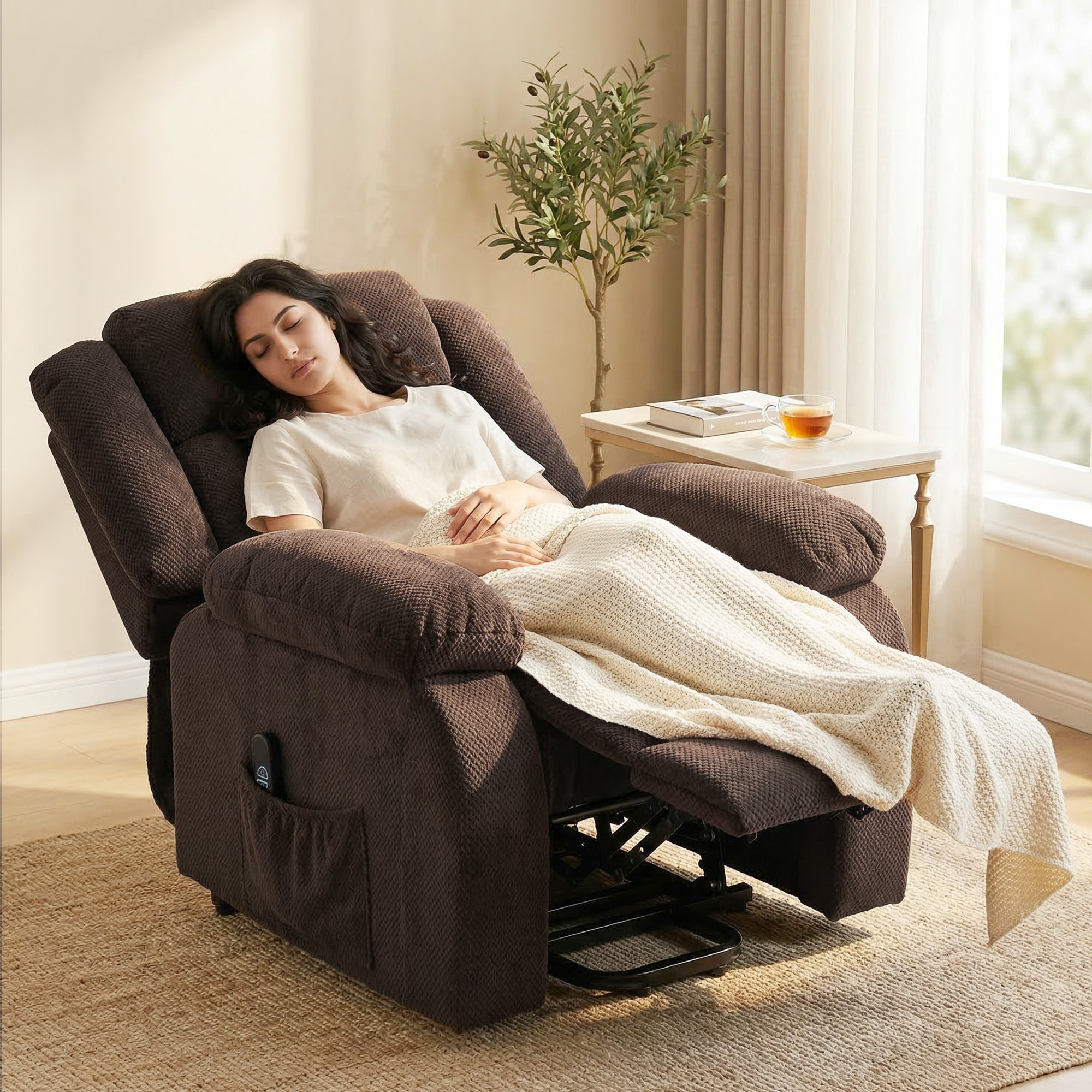 Sillón Relax Reclinable Eléctrico Levanta Personas, con Puerto USB, Sillón Elevador, con Control Remoto, Asiento Ancho, Reposapiés, Tapizado en Terciopelo, Bolsillos Laterales, Marrón