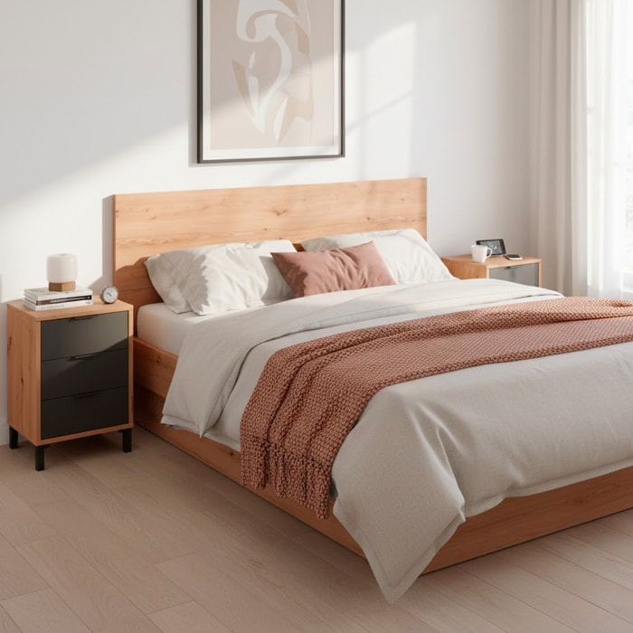 Set Testiera Letto Matrimoniale Con 2 Comodini Design Moderno Per Letti 135 E 150 cm Con Cassetti Camera Letto 60x160x2,5 Cm Rovere e Grigio Antracite