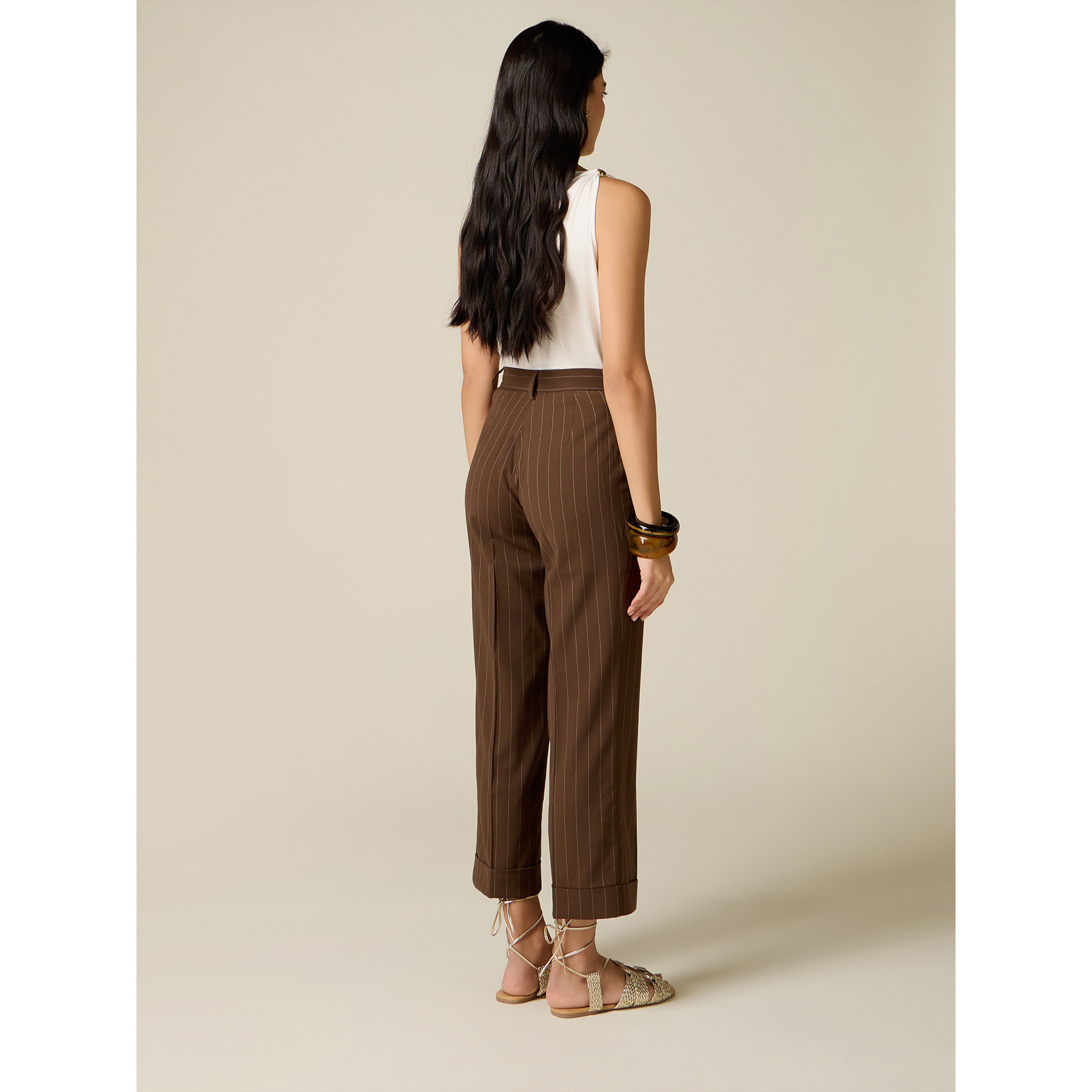 Oltre - Pantalones cropped de rayas diplomáticas mezcla de lino - Marrón