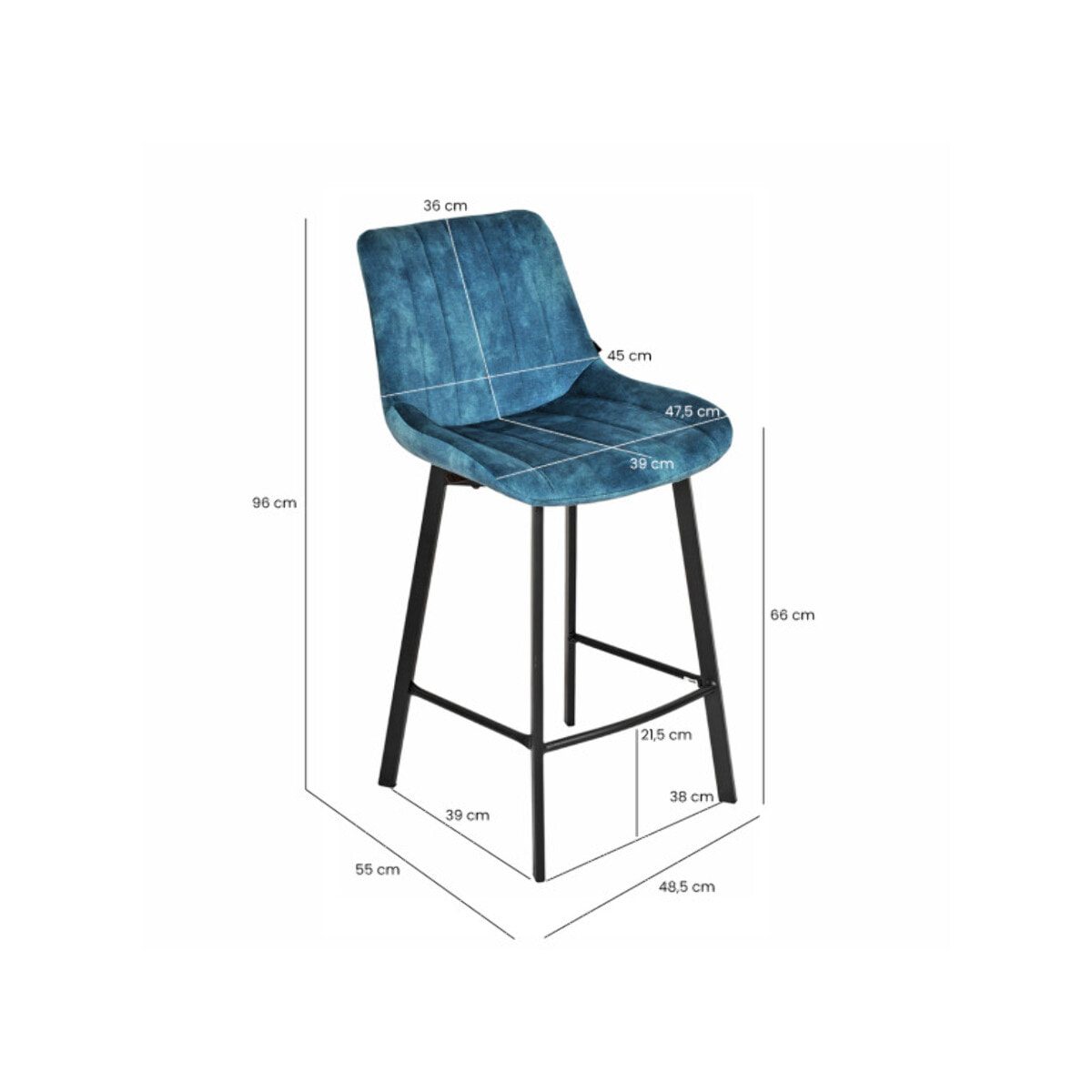 Tabouret de bar rembourré et capitonné en velours bleu canard EMMA 2