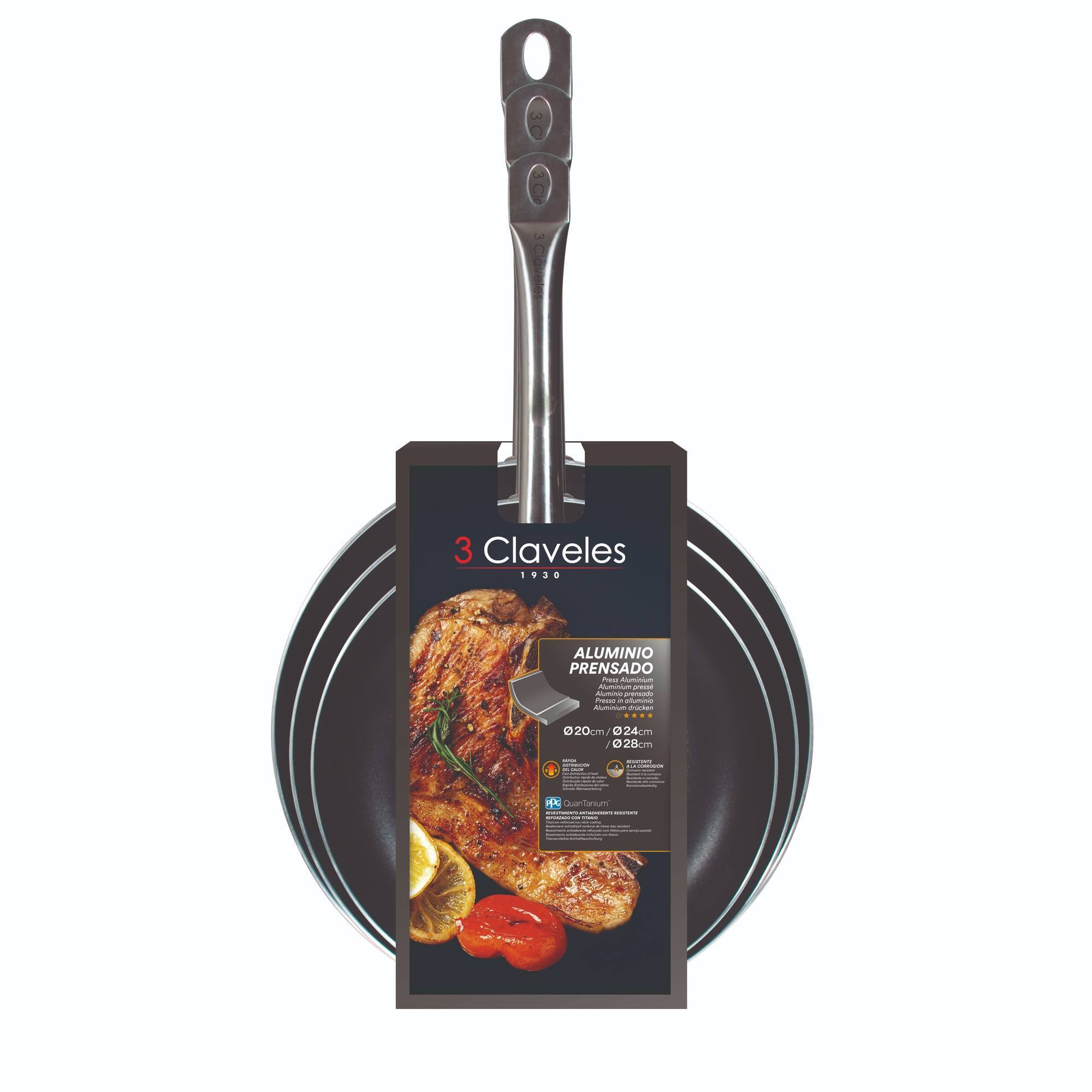 Juego de 3 Sartenes Ø20Ø24Ø28cm en aluminio prensado y revestimiento antiadherente 3Claveles