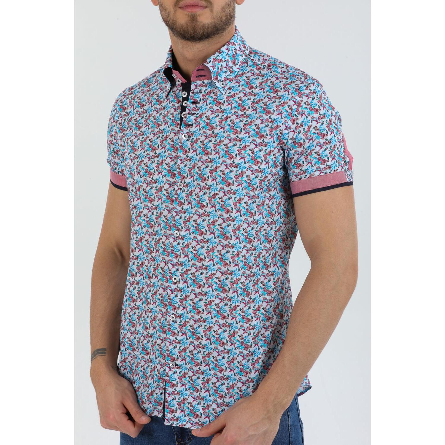 Camicia Uomo Manica Corta 2 Bottoni Button Down 7 Botto Popeline Stampato Celeste e Rosso