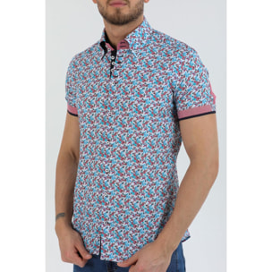 Camicia Uomo Manica Corta 2 Bottoni Button Down 7 Botto Popeline Stampato Celeste e Rosso