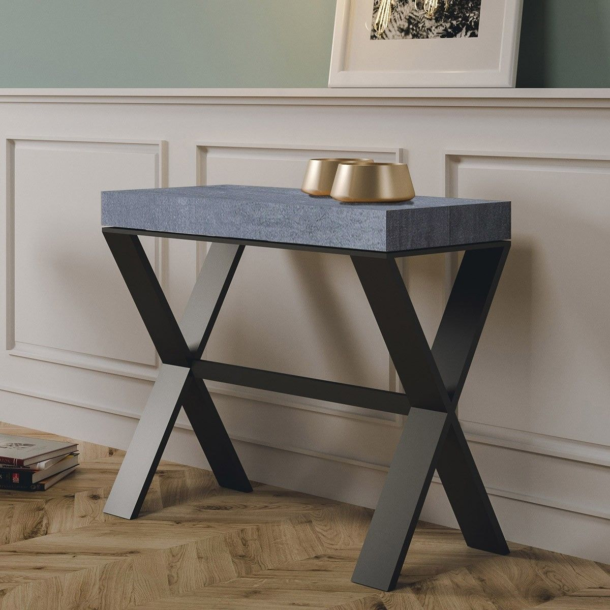 Console extensible 90x40/196 cm Xenia Small Gris Béton cadre Anthracite