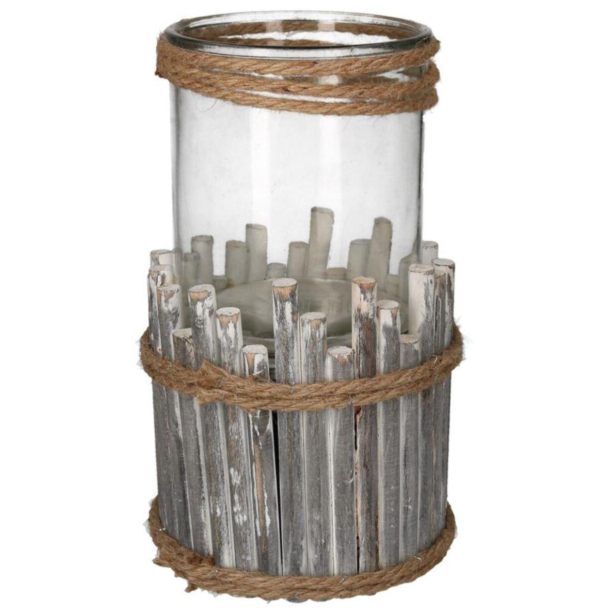 Portacandela in legno e vetro sbiancato tondo cmø15h19