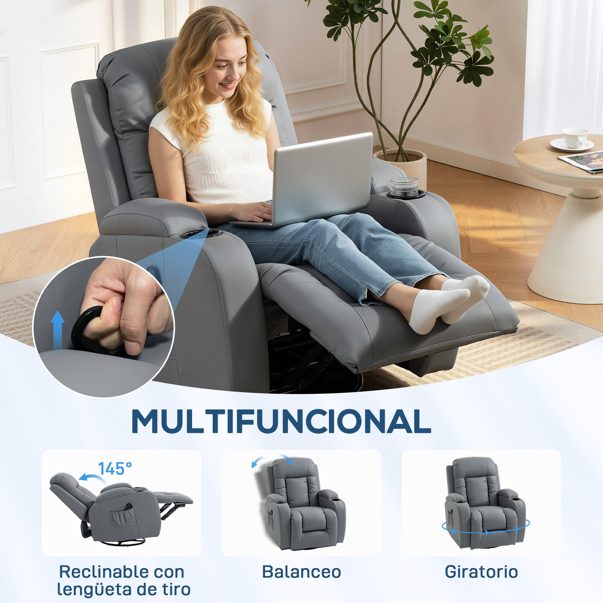 Sillón de Masaje Giratorio, Sillón Relax Reclinable con 8 Puntos de Masaje, Función Calefacción Lumbar, Mando a Distancia, Tapizado en PU, Reposapiés, Bolsillo Lateral, Función Basculante Gris