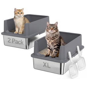 Juego de 2 Areneros Gatos de Acero Inoxidable XL Caja de Arena Grande con Borde Alto, 2 Palas, para Gatos Grandes y Gatitos Múltiples, Fácil de Limpiar, Antifugas, Antiadherente, Gris Oscuro