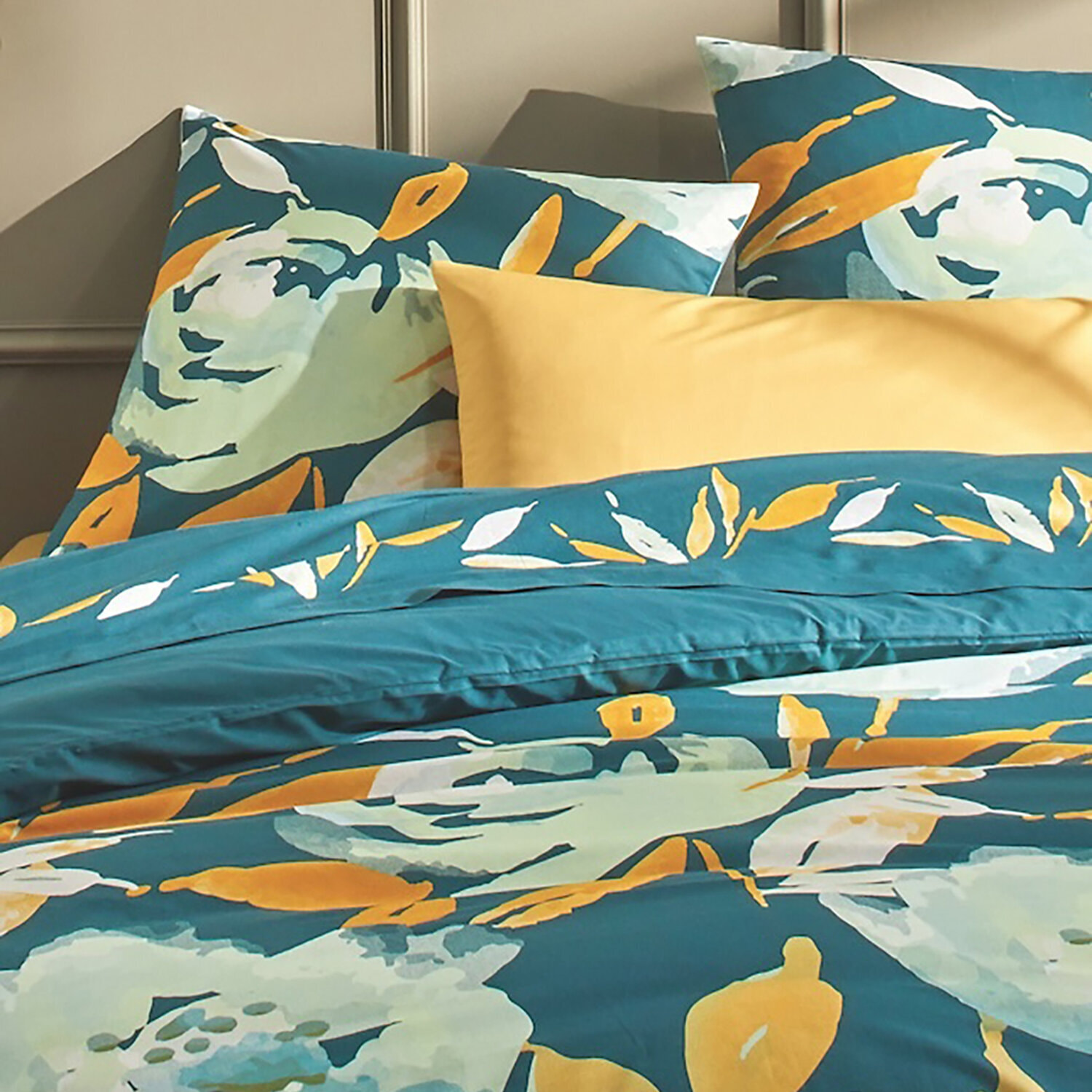 Parure de couette 100% coton 57 fils à motifs floral - ton bleu vert