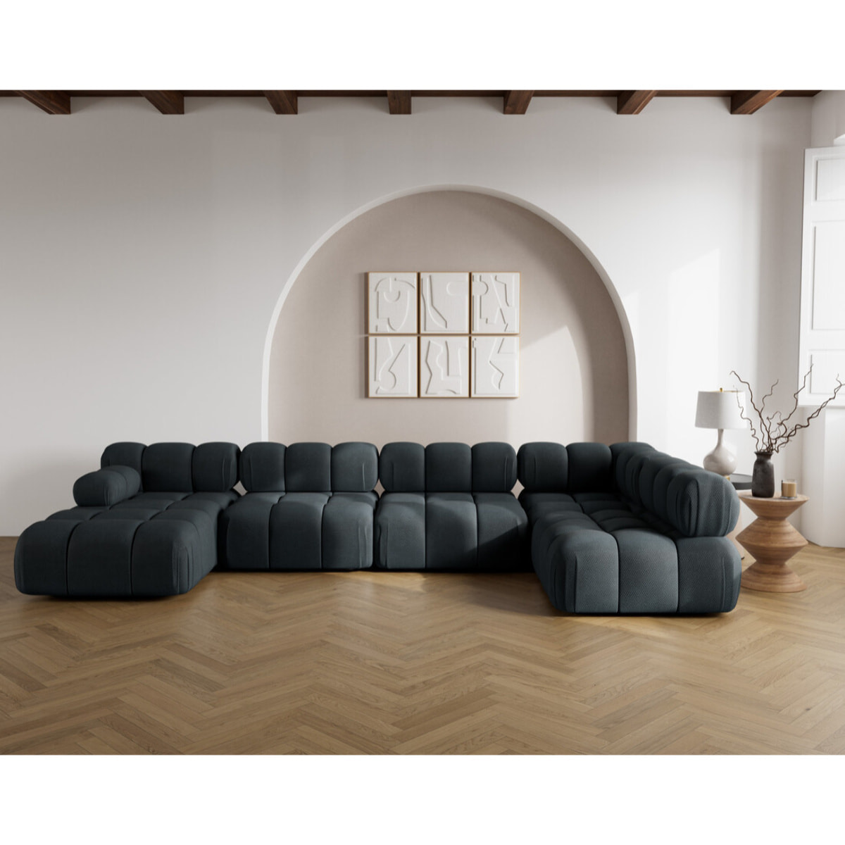 Ruby - canapé panoramique modulable d'angle droit 7 places en velours texturé - Noir