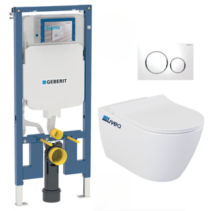 Pack WC Bati-support Geberit Duofix UP720 extra-plat + WC sans bride Livea Bello + Abattant softclose + Plaque blanche