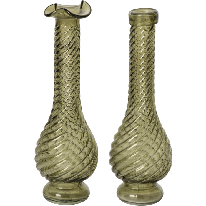 J-Line 2 vases côtelés - verre - vert kaki