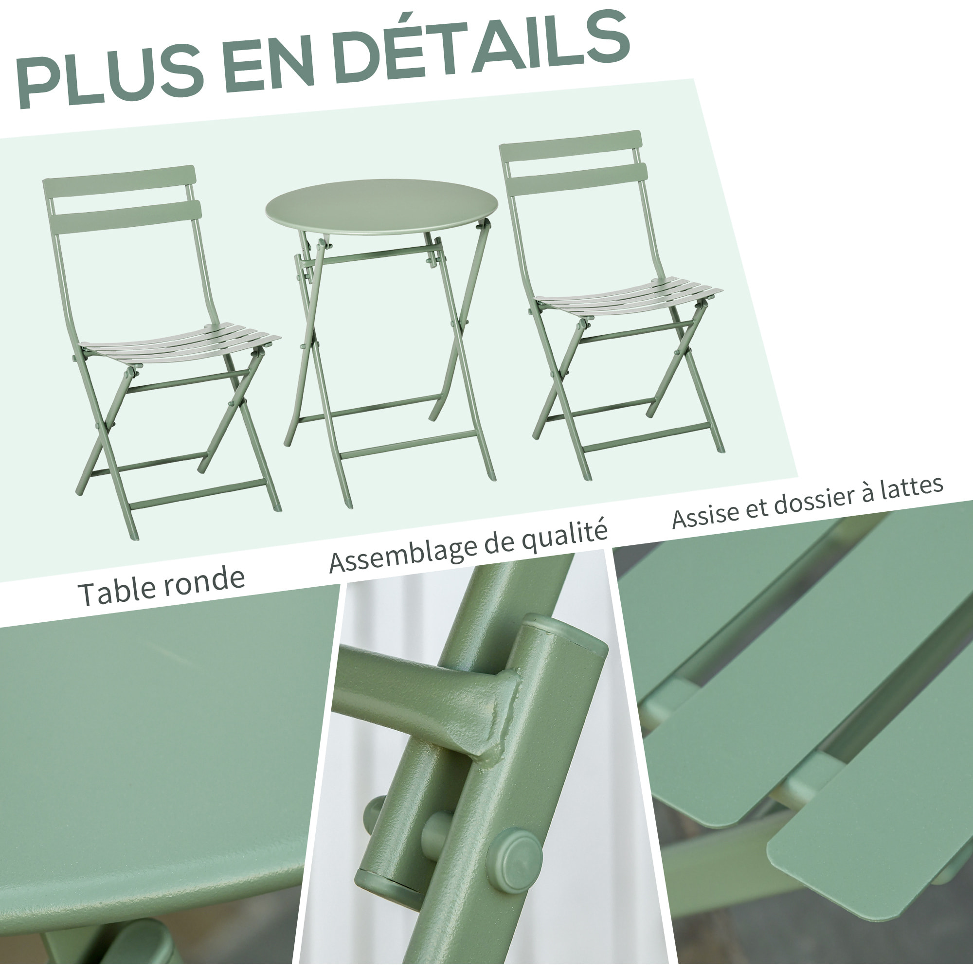 Salon de jardin bistro pliable - table ronde Ø 60 cm avec 2 chaises pliantes - métal thermolaqué vert d'eau