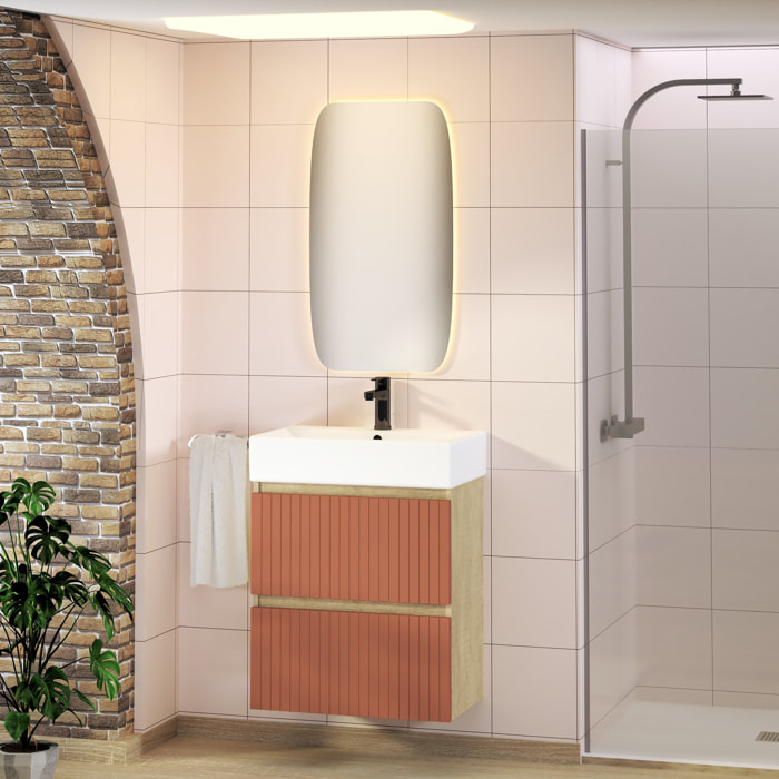ENSEMBLE DE SALLE DE BAIN ZEL | MEUBLE SUSPENDU | 60 CM ÉCARLATE | DEUX TIROIRS | LAVABO ENCASTRÉ | MIROIR NON INCLUS | MEUBLE MONTÉ | ALDAY