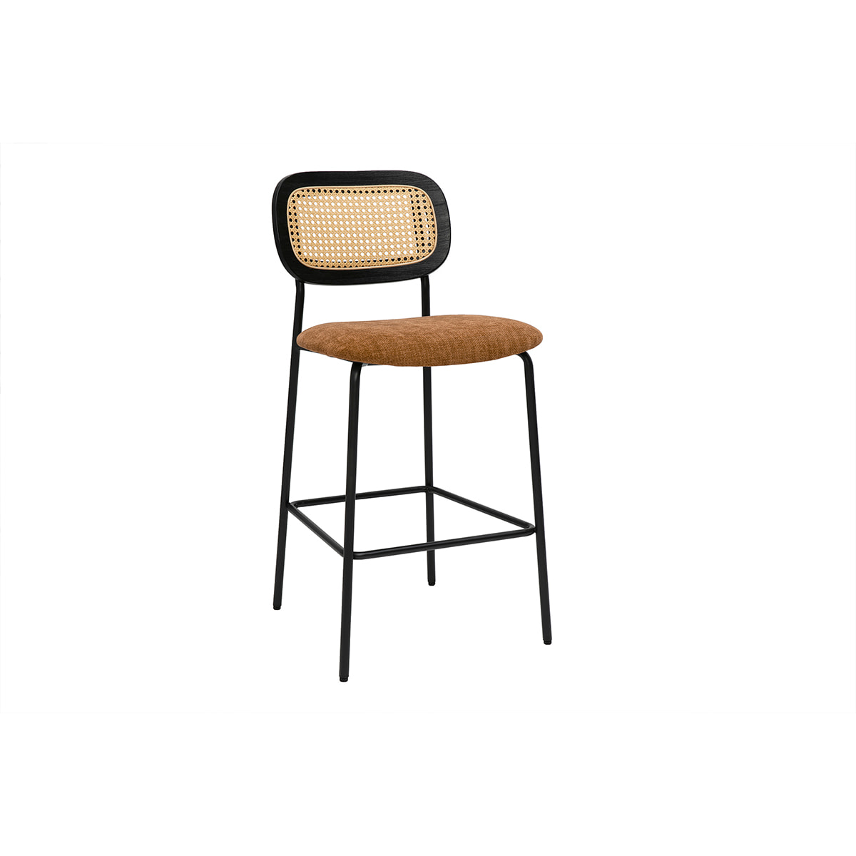 Tabourets design en tissu effet velours texturé terre brulée, métal noir et cannage rotin (lot de 2) MIRANDA
