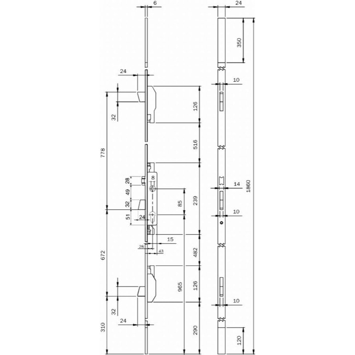 SERRURE MULTIPUNTO ELECTA 3PTS PDTRLX AXE 35 C.8X85 TETIERE U 1860X24X6