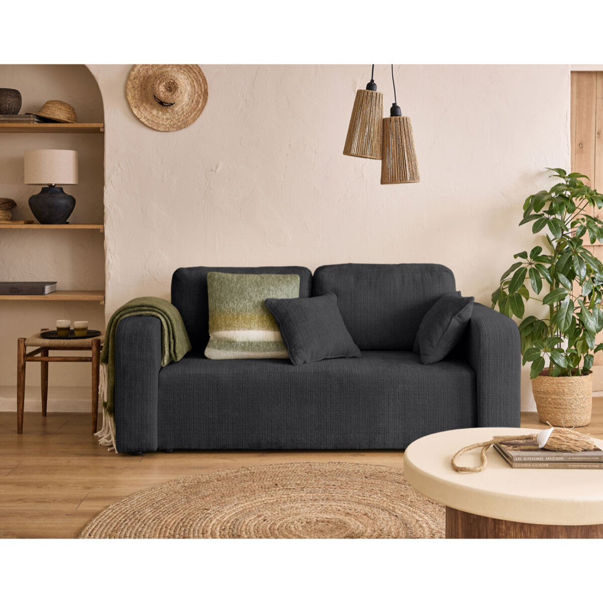 Miro - canapé droit 2 places - en velours texturé - Gris Anthracite