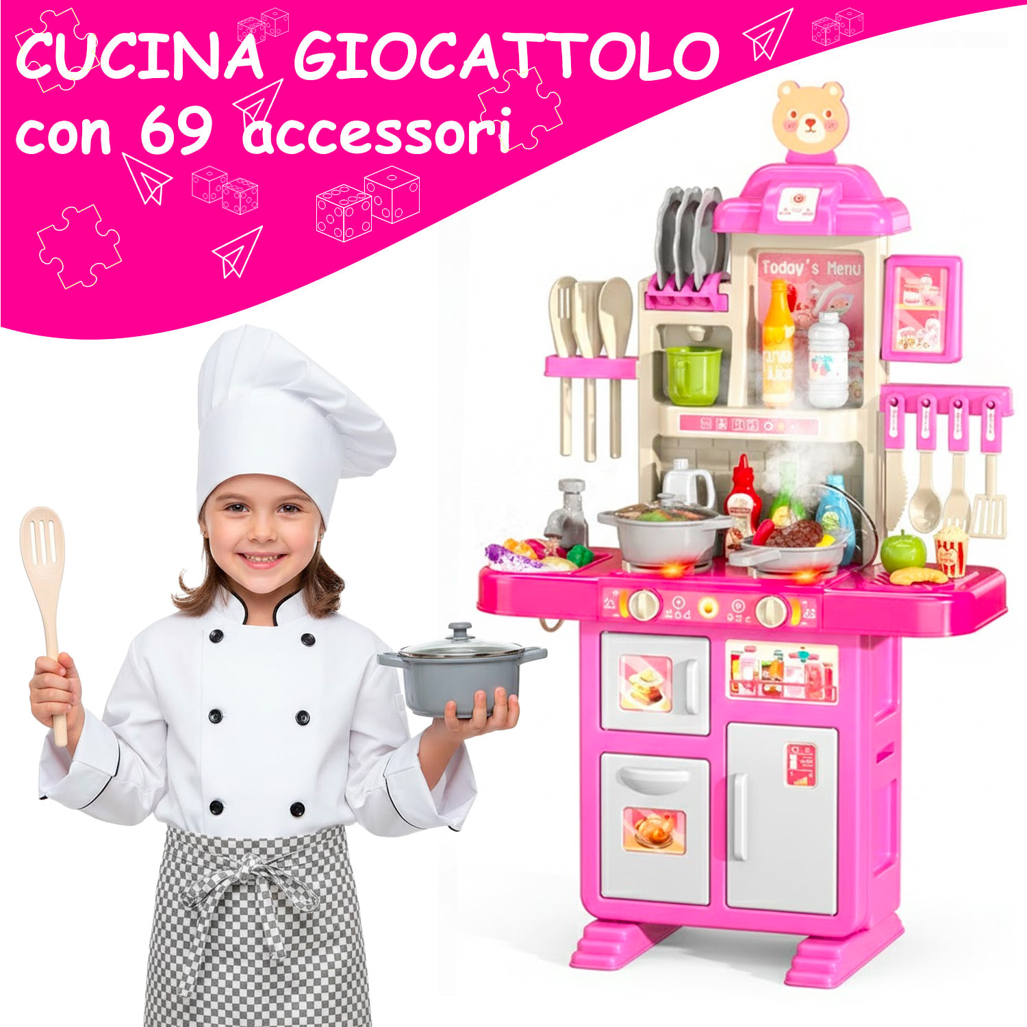 Cucina Giocattolo Per Bambini Con Luci E Suoni Realistici 69 Accessori Rubinetto Con Sistema Di Riciclo Dell'Acqua E Fornelli 3-5 Anni Rosa e Bianco