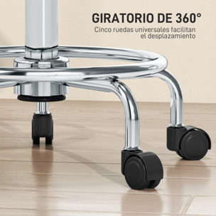 Taburete Giratorio Taburete con Ruedas Altura Regulable 50-66 cm Asiento Tapizado de Cuero Sintético Reposapiés para Salones y Talleres Blanco