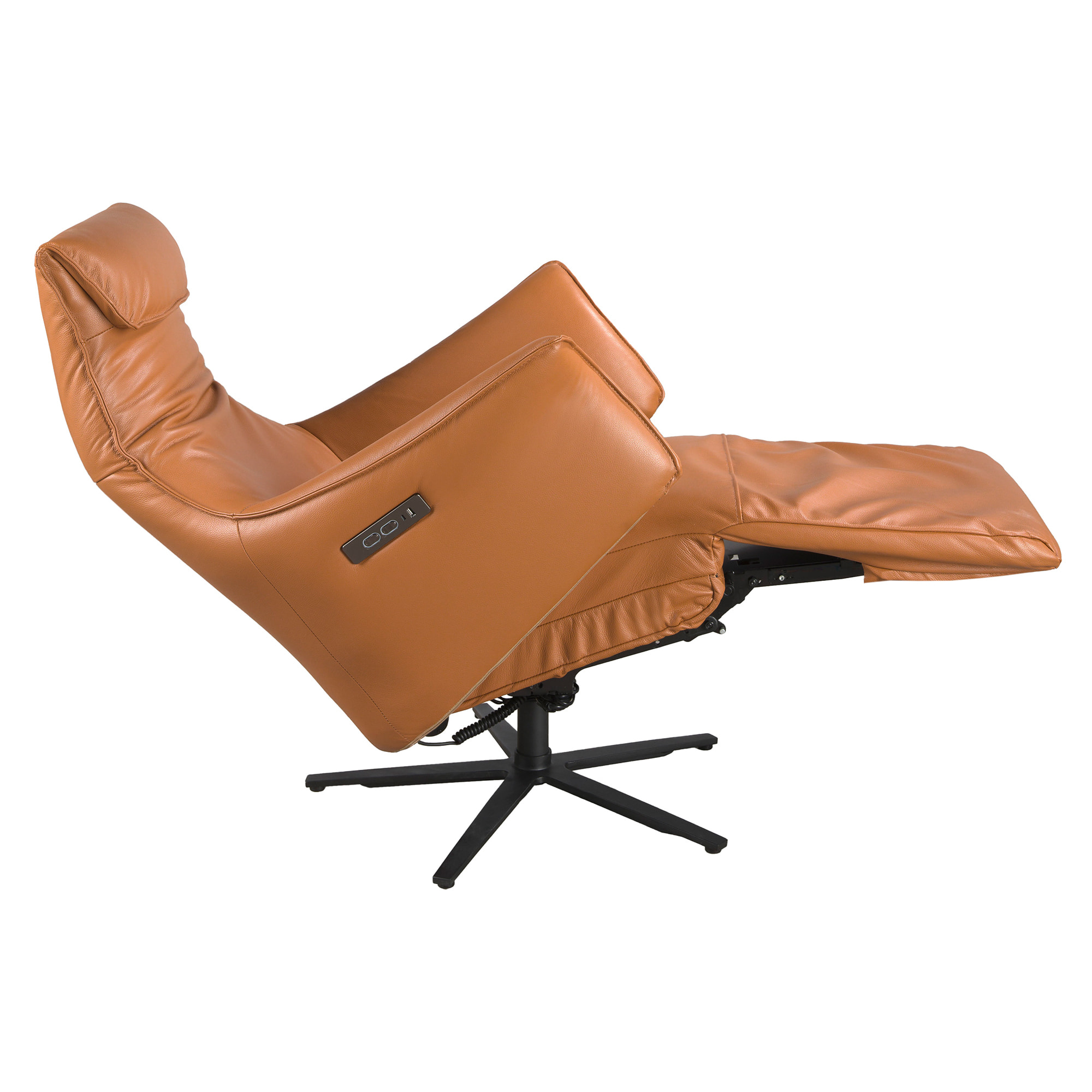 Sillón Angel Cerdá relax giratorio con reposabrazos con asiento y respaldo tapizados en piel de origen vacuno en marrón patas de acero inoxidable en epoxi negro con mecanismo relax eléctrico 78x70x115cm