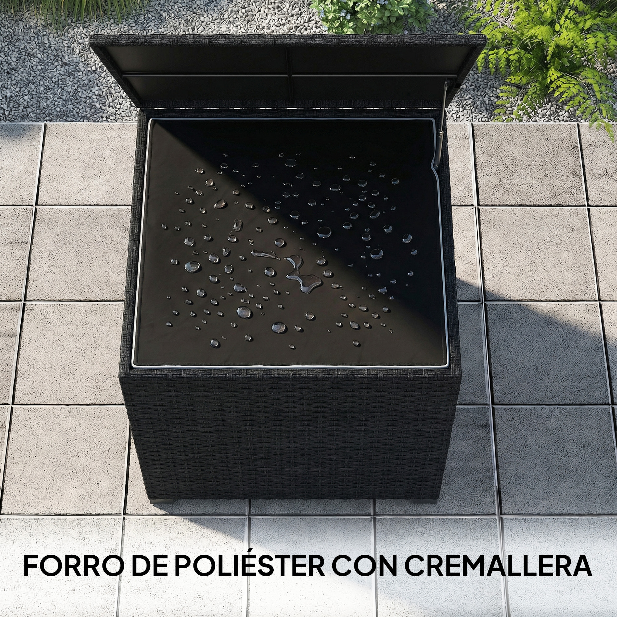 Baúl de Almacenaje Exterior de Ratán Sintético de 253L, Arcón Exterior con Varilla Hidráulica, Forro con Cremallera y Marco de Acero, Carga 50 kg, para Jardín, Terraza, 72x72x70 cm, Negro