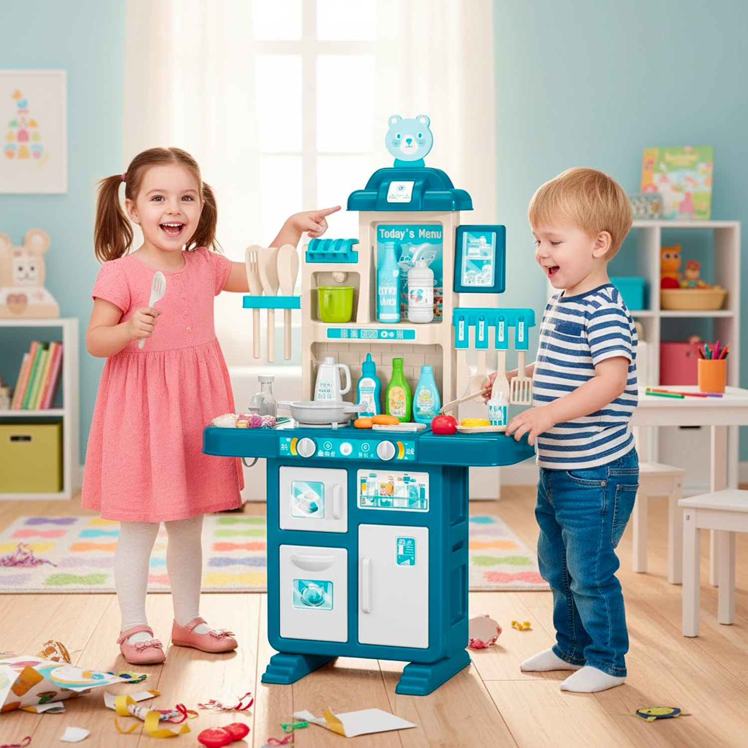 Cucina Giocattolo Per Bambini Con Luci E Suoni Realistici 69 Accessori Rubinetto Con Sistema Di Riciclo Dell'Acqua E Fornelli 3-5 Anni Blu e Bianco