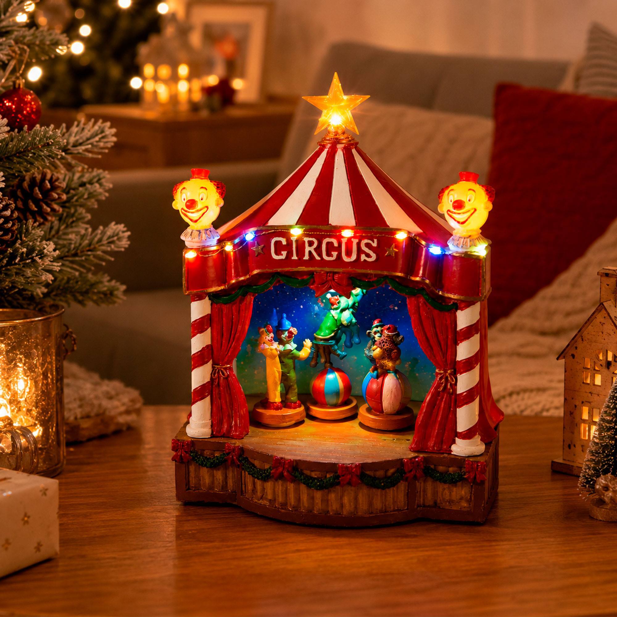 Circo navideño decorativo con led, movimiento y música, alimentación usb en poliresina 17,5x14,5x24 cm