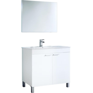 Mobile sottolavabo Augusta, Mobiletto per bagno a 2 ante, Armadietto da terra con specchio, cm 80x45h80, Bianco