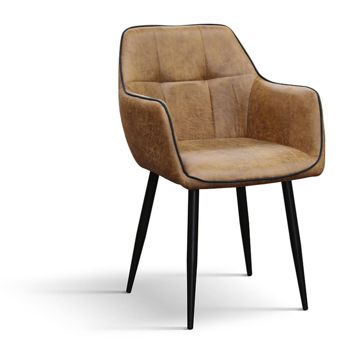 Set di 4 sedie PARIGI in ecopelle cammello e gambe in metallo nero, con braccioli