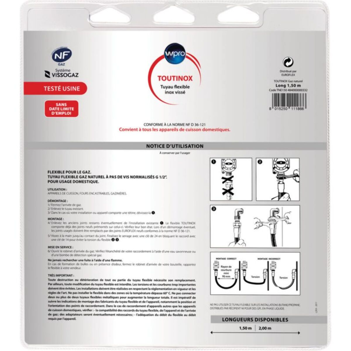 Tuyaux gaz WPRO TNE150 gaz naturel 1.50m illimité