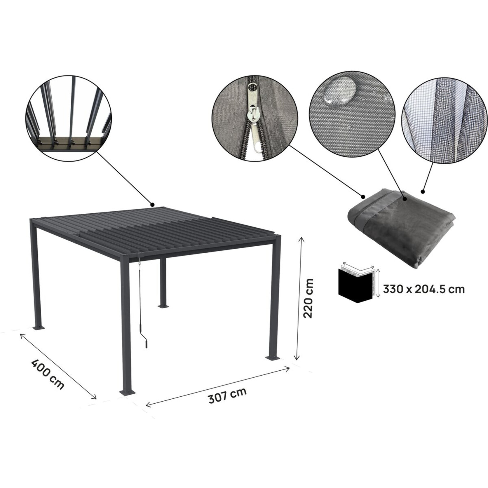 Pergola bioclimatique avec rideau et moustiquaire "Howard" - 3 x 4 m - Gris