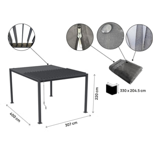 Pergola bioclimatique avec rideau et moustiquaire "Howard" - 3 x 4 m - Gris