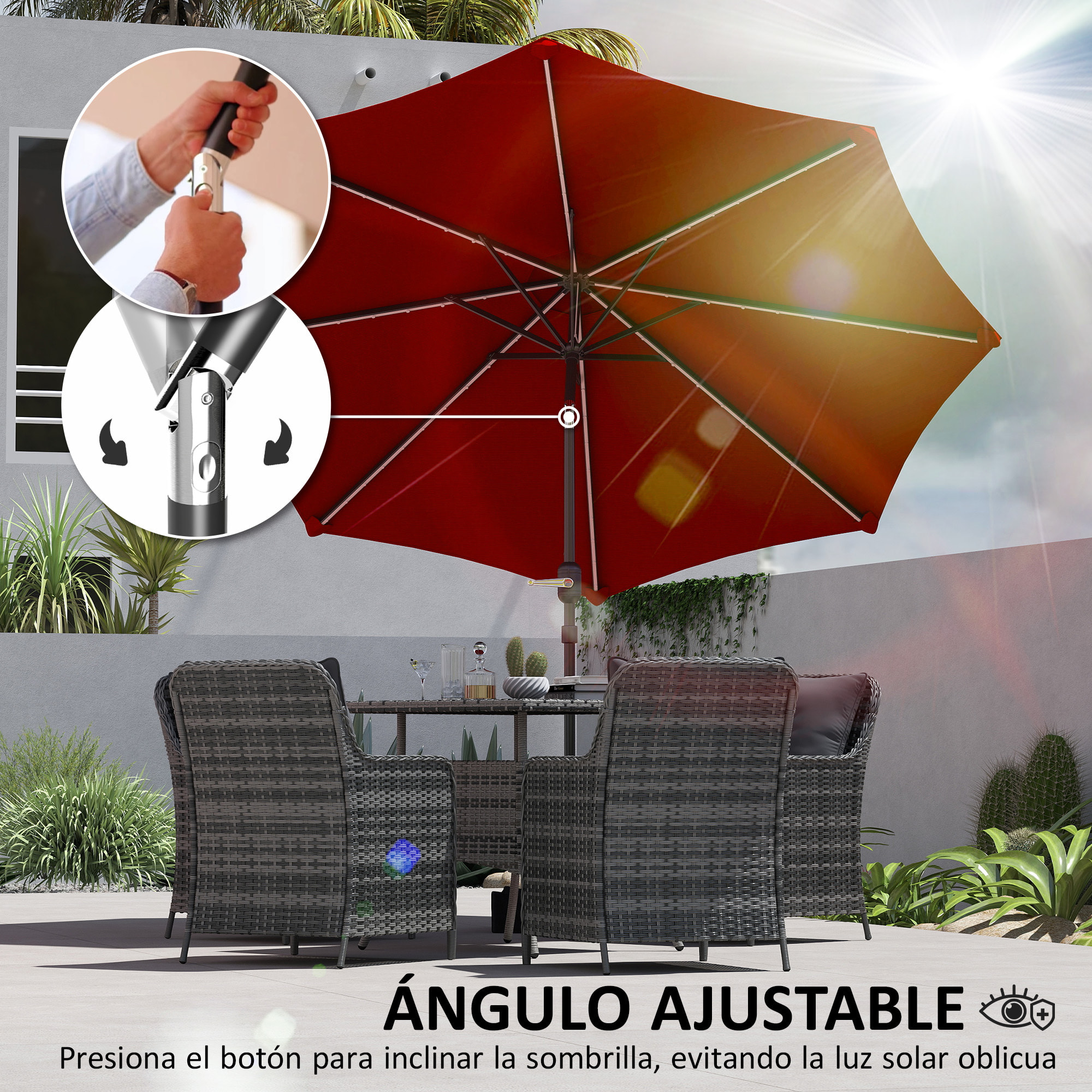 Sombrilla Terraza Exterior con Luces LED Solares Ø292x252 cm Sombrilla de Jardín con Inclinación Ajustable hasta 45° Impermeable y Manivela Parasol para Patio Piscina sin Base Burdeos